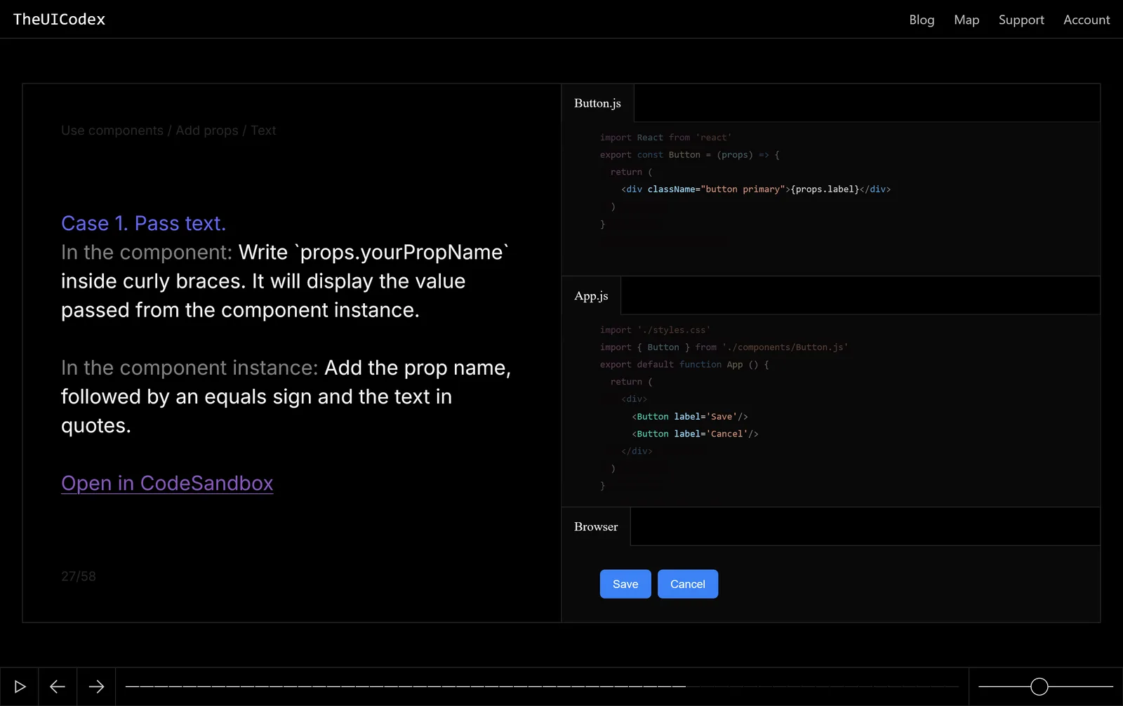 A course lesson: passing text to a React component through props, with Button.js, App.js and a browser preview