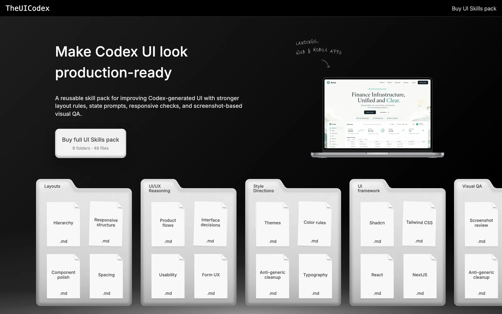 The UI Codex skill pack page with a “Buy full UI Skills pack” button and folders of skill files
